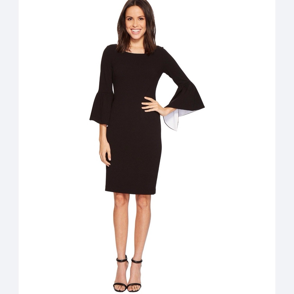Calvin Klein 10 NWT Sheath Dress Bell Contrast Sleeves Black Knee Length New